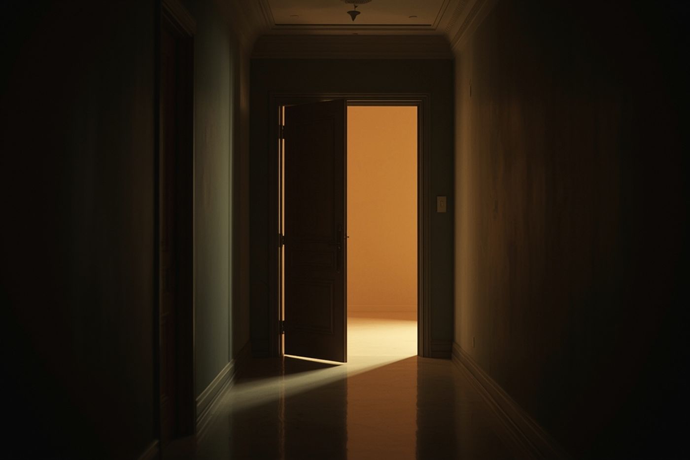 Rua de bairro ao entardecer vista pela janela de uma sala de dança vazia